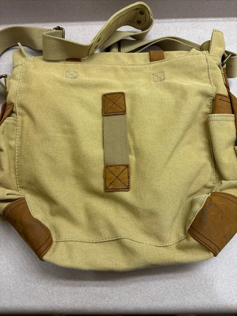 Sechunk Vintage Military Leather Brown Sand Canvas Messenger Satchel Bag Large